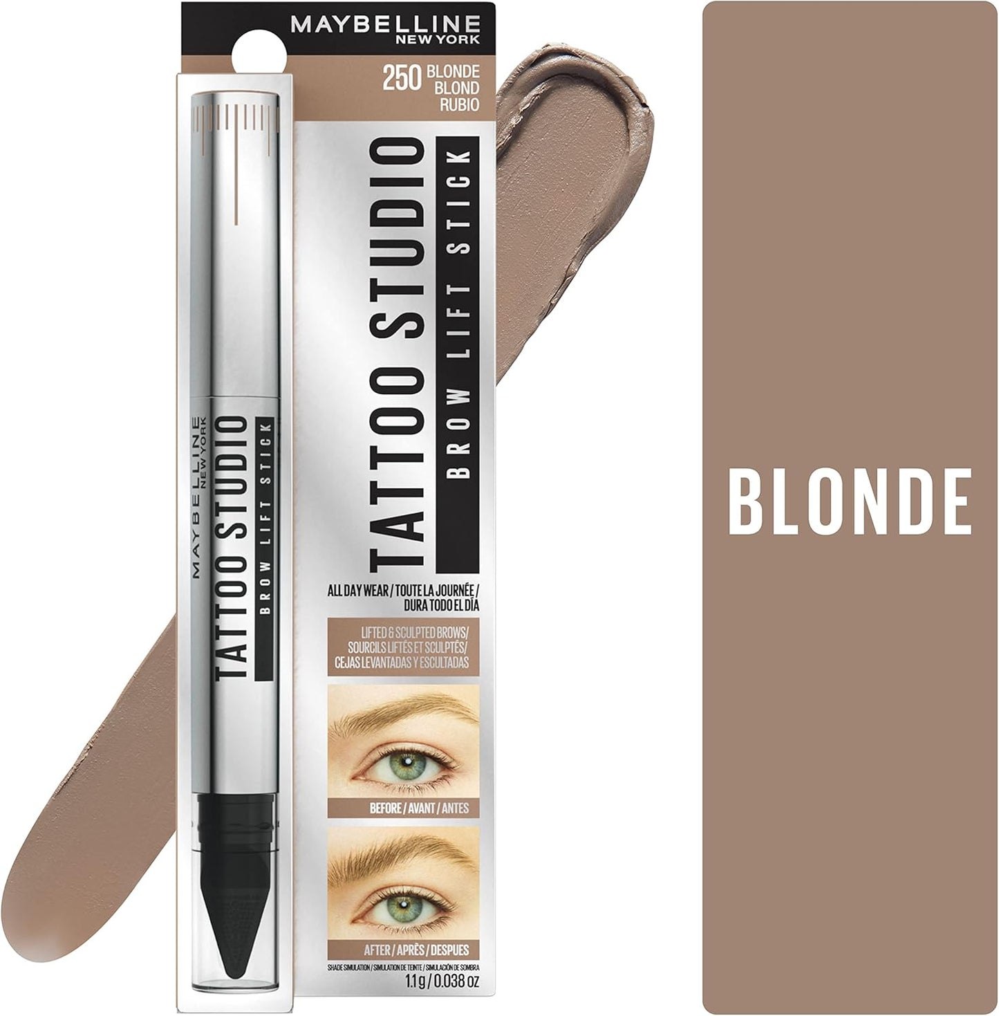 Maybelline TattooStudio Brow Lift Stick Makeup with Tinted Wax Conditioning Complex, Blonde 250,