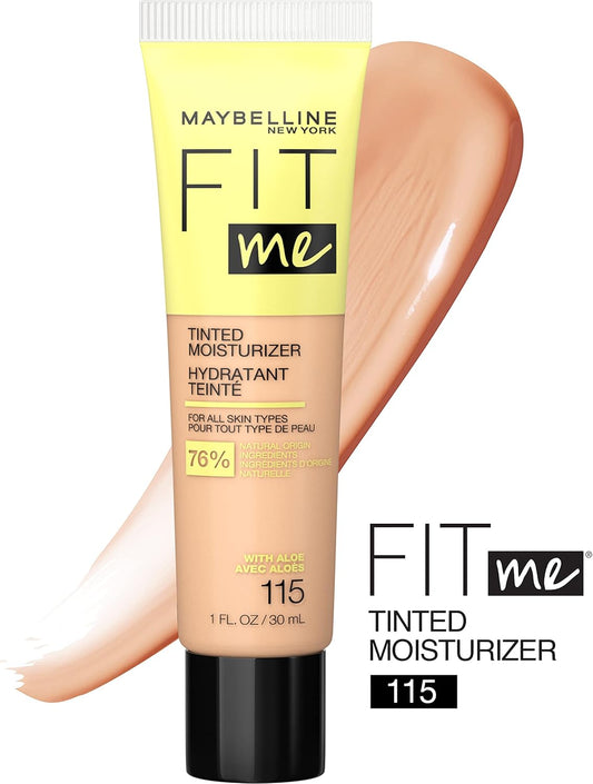 Maybelline New York Fit Me Tinted Moisturizer, Fresh Feel, Natural Coverage, 12H Hydration, Evens Skin Tone, Conceals Imperfections, 115, 1 Fl Oz