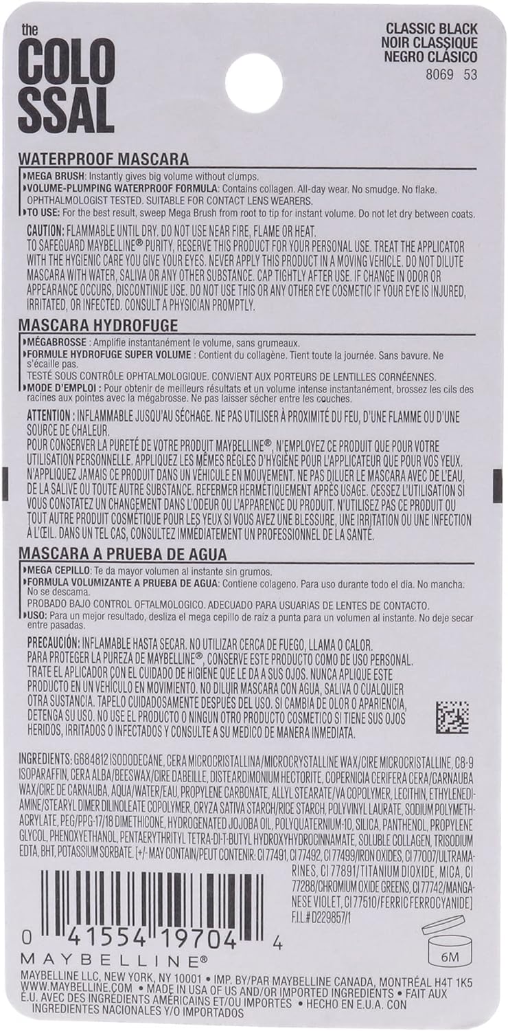 Maybelline Makeup Volum' Express The Colossal Waterproof Mascara, Classic Black Mascara, 0.27 fl oz